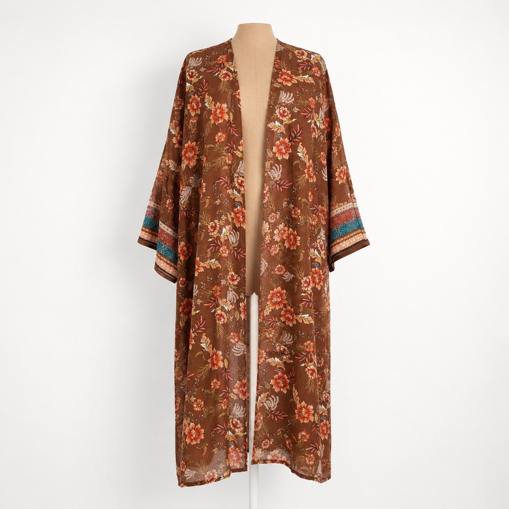 Y2K Boho Floral Duster Cardigan Sz XL Brown Indie Festival Coverup Layer Hippie